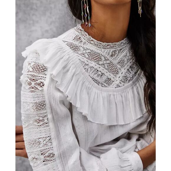 Anthropologie Ivory Lace Ruffled Bib Blouse Puff Sleeve Poetcore Romantic Top XS - Picture 3 of 7